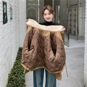 驼色羊羔毛领夹棉麂皮绒外套女2025冬季新款时尚洋气宽松加厚上衣图片
