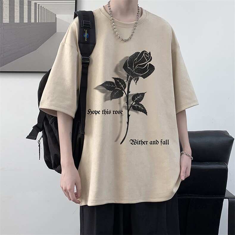 麂皮绒短袖男款t恤夏季薄款美式复古上衣服潮牌重磅圆领宽松半袖,男装T恤,电商A040