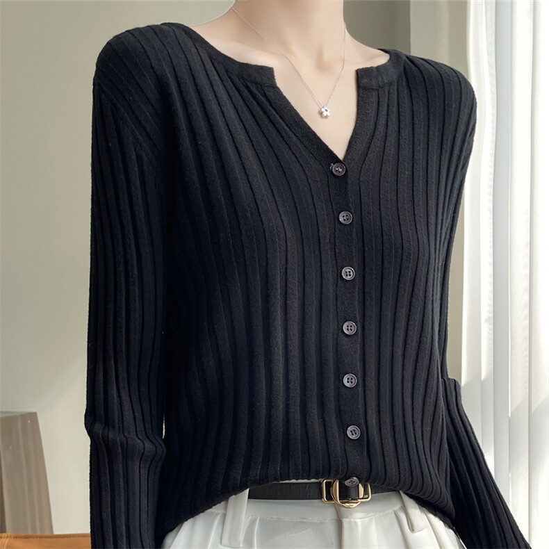 2024夏季新款圆领坑条开衫纯色针织外套女士薄款宽松长袖外搭上衣，女装针织衫/毛衣，暖姿羊绒