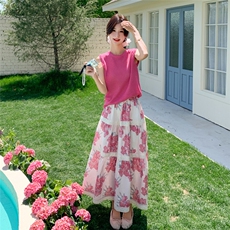 韩系清纯系绝美超火针织背心套装女夏季2025新款碎花半身裙两件套，女装套装/套裙，2C159