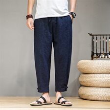 中国风撞色拼接九分裤亚麻暗花纹提花休闲男裤D635P70，男装休闲裤，星座312B-2