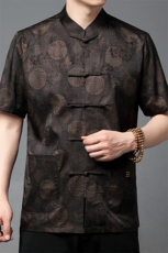 香云纱唐装男中老年夏季短袖衬衫真丝风夏装爸爸装T恤，男装T恤，钱塘723