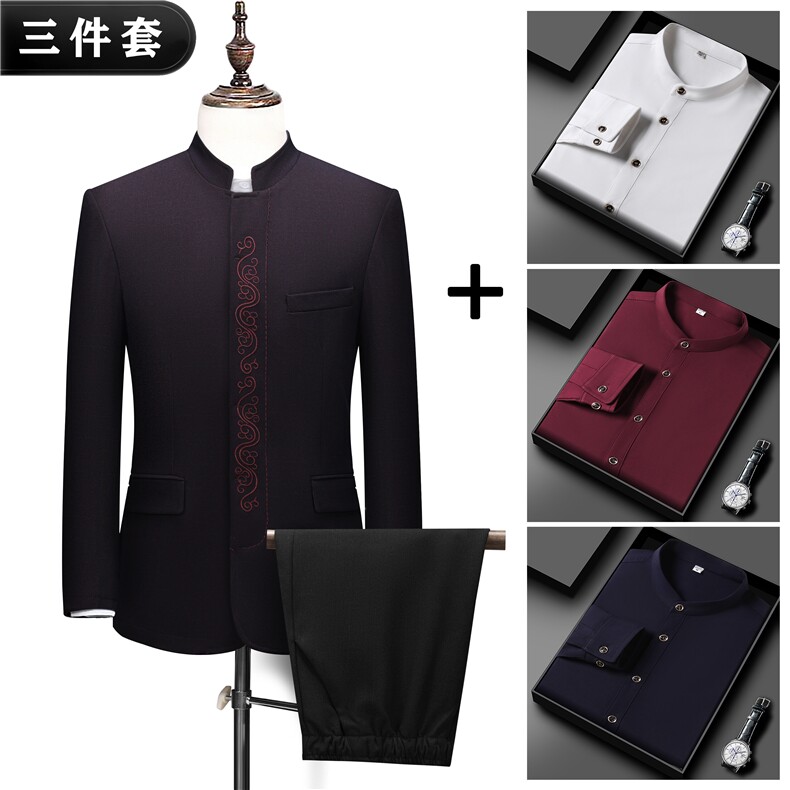 新款高品质中山装西服三件套男中老年风新中式休闲西服唐装图片
