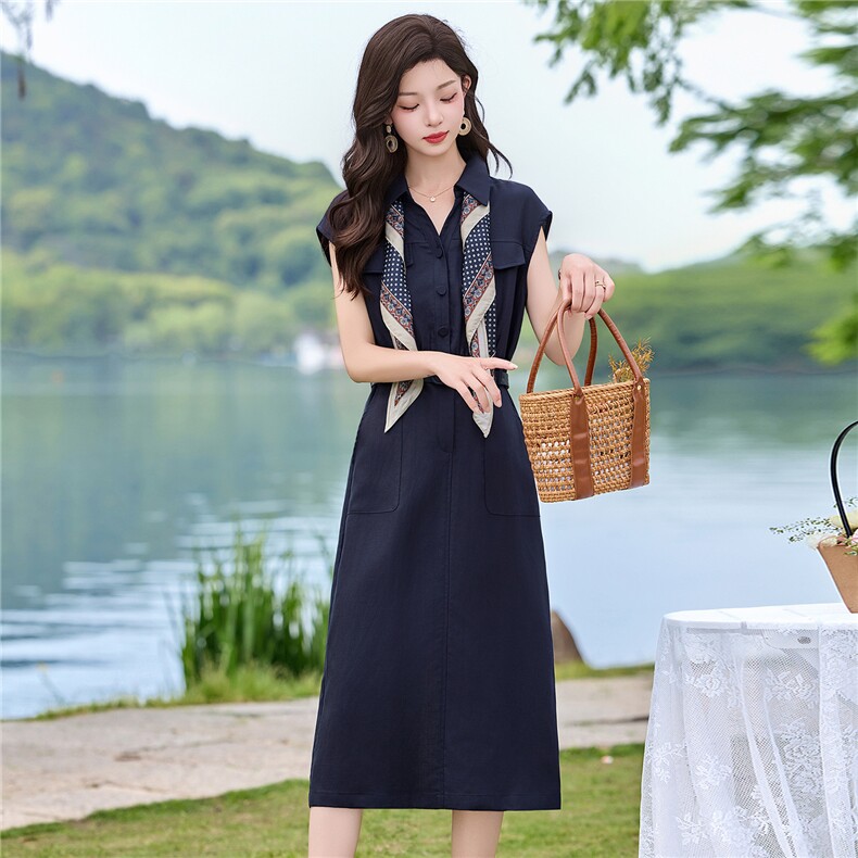 DLM8665天丝亚麻巨好看工装斜纹中长款连衣裙夏季新款修身显瘦裙,女装连衣裙,朵莱米