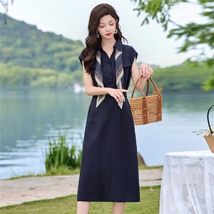 DLM8665天丝亚麻巨好看工装斜纹中长款连衣裙夏季新款修身显瘦裙,女黑呢子大衣怎么搭配图片