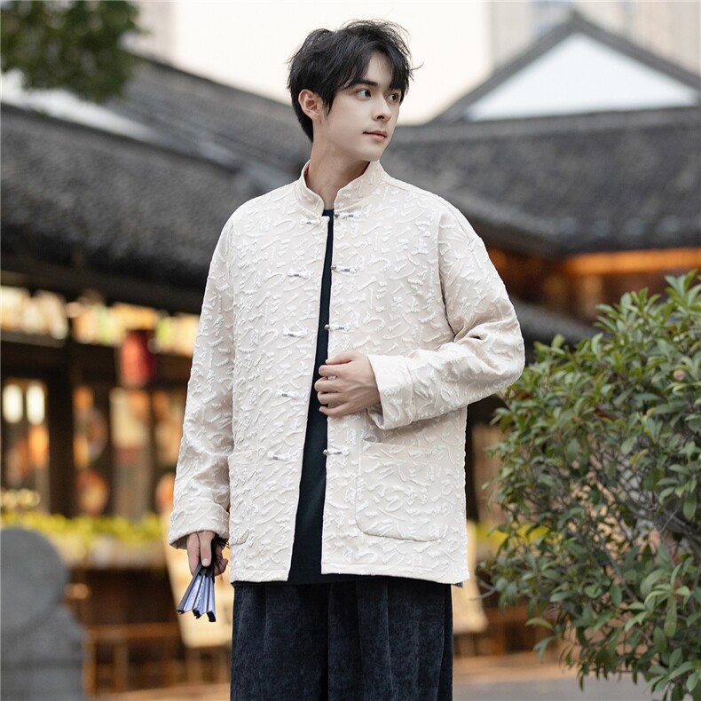 风潮抽象文字提花复古盘扣立领大码宽松加厚唐装外套JK209，男装民族服装，星座305A（原312A-1）