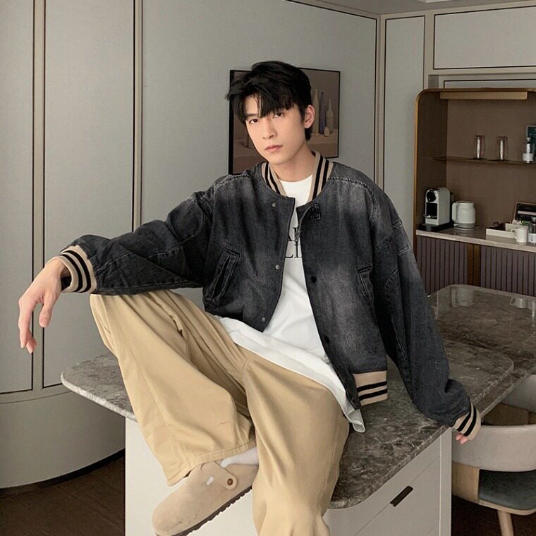JK8948-P75秋cleanfit美式复古宽松水洗牛仔外套短款棒球服夹克,男装工装外套,电商B323A