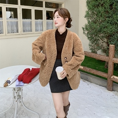 咖色美拉德复古V领羊羔毛外套女2025冬慵懒风保暖加厚毛绒绒上衣，女装短外套，浙宝210（原浙宝191）