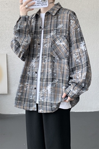 衬衫男春季新款港风宽松大码格子扎染刺绣长袖衬衣CS3016-P38图片
