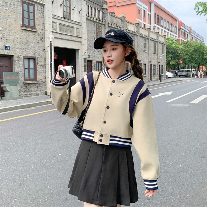 韩版学院风拼接撞色棒球服女，复古又时髦甜酷女孩的春秋穿搭外套，女装短外套，帛香坊