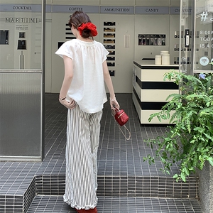 韩系白色短袖条纹阔腿裤女夏2025新款高级感减龄超火绝美两件套图片