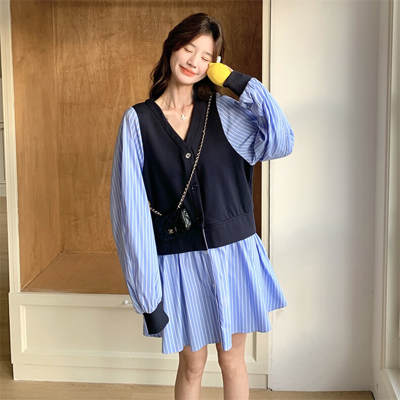 春装新品！条纹马甲假两件连衣裙-B208-9008-P145K208,女装连衣裙,浙宝208