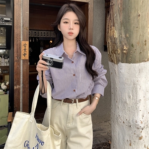 蓝色韩系气质通勤条纹衬衫女2025年秋季新款高级感休闲时尚衬衣潮图片