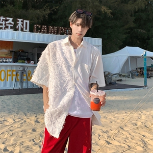 立体提花毛毛衬衫X2458-TP35控价58 中性风情侣短袖T恤毛毛衬衫男图片