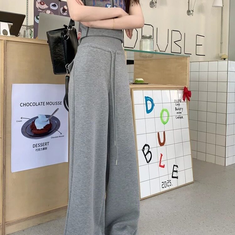 kumikumi慵懒风灰色抽绳休闲裤长裤女装春季垂感高腰阔腿裤拖地裤,男装休闲裤,星座506A