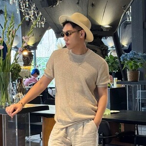 老钱风亚麻针织短袖男夏季松弛感透气圆领t恤美式复古半袖针织衫图片