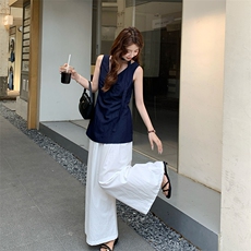 藏青色无袖衬衫上衣阔腿裤套装女夏超火流行韩系设计感两件套爆款，女装套装/套裙，浙宝276（原081）