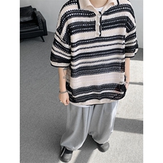 8XL-M特大码美式复古条纹撞色针织POLO衫翻领休闲短袖TDX311P35，男装Polo衫，电商D206-1