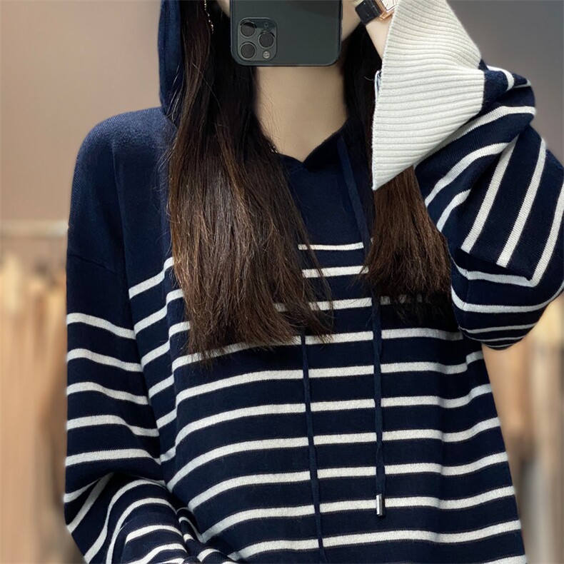 春季新款连帽精纺羊毛衫女帽衫长袖宽松设计感条纹毛衣针织衫卫衣,针织衫/毛衣,雪真羊绒