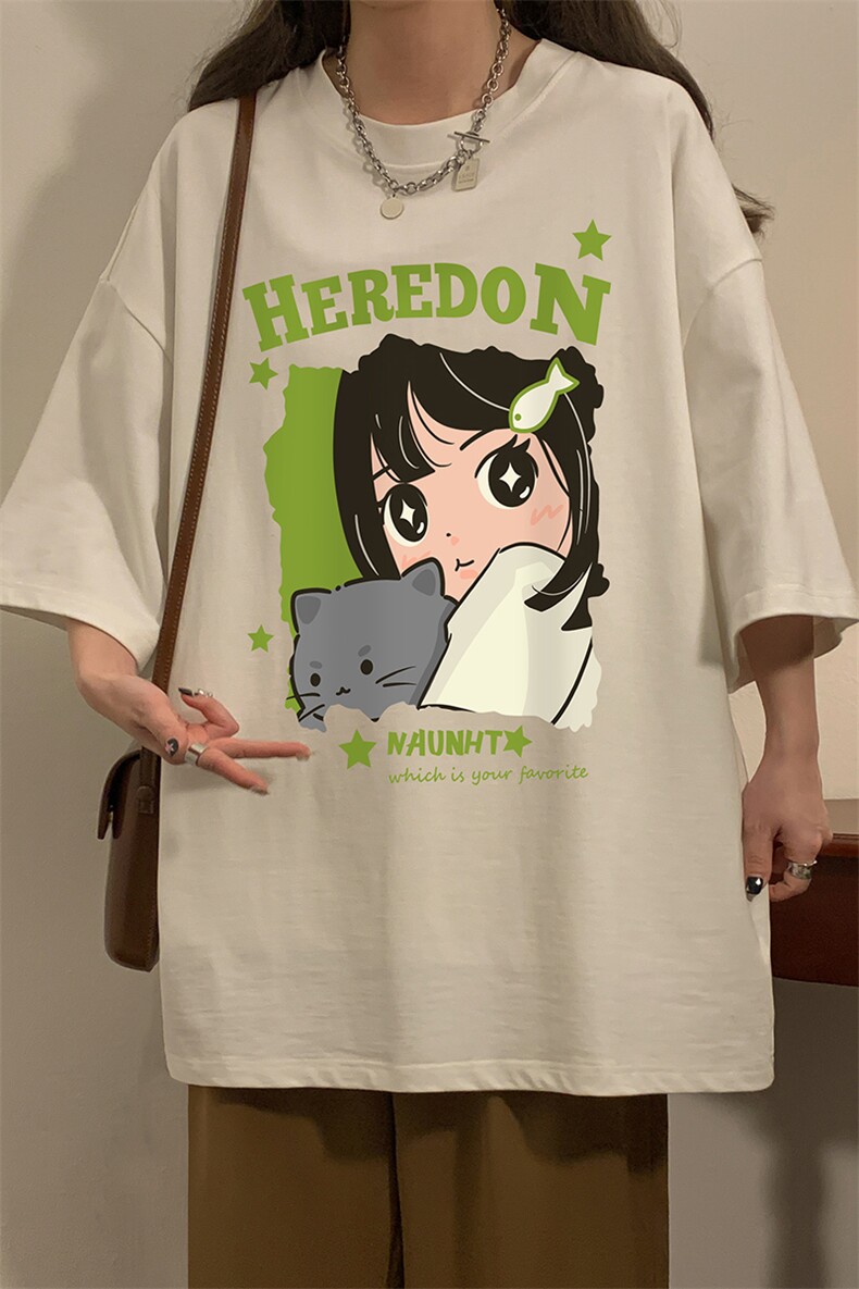 夏新款宽松美潮猫咪女孩可爱印花休闲短袖T恤T6097P25控38,男装T恤,电商A268