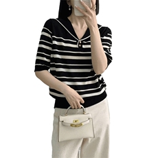 新条纹海军领精纺天丝莱赛尔针织衫女夏季新款百搭气质短袖套头衫，女装T恤，暖姿羊绒