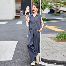 蓝色高级感韩系套装女小个子2025夏季新款V领衬衫+宽松百搭阔腿裤，女装套装/套裙，跑量工厂店