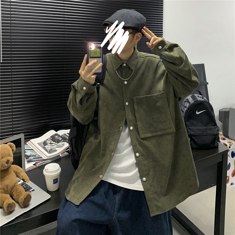 21秋装港风日系文艺男女情侣灯芯绒长袖衬衫外套衬衣中性C45/P45,男装衬衫,钱塘713