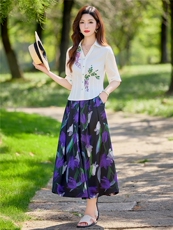 高级感独特印花套装女士2026夏季新款五分袖衬衫半身裙穿搭两件套，女装套装/套裙，水衣源