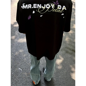 网图有货 夏季飘落花瓣蝴蝶刺绣短袖T恤男女情侣纯棉上衣A571-P35图片
