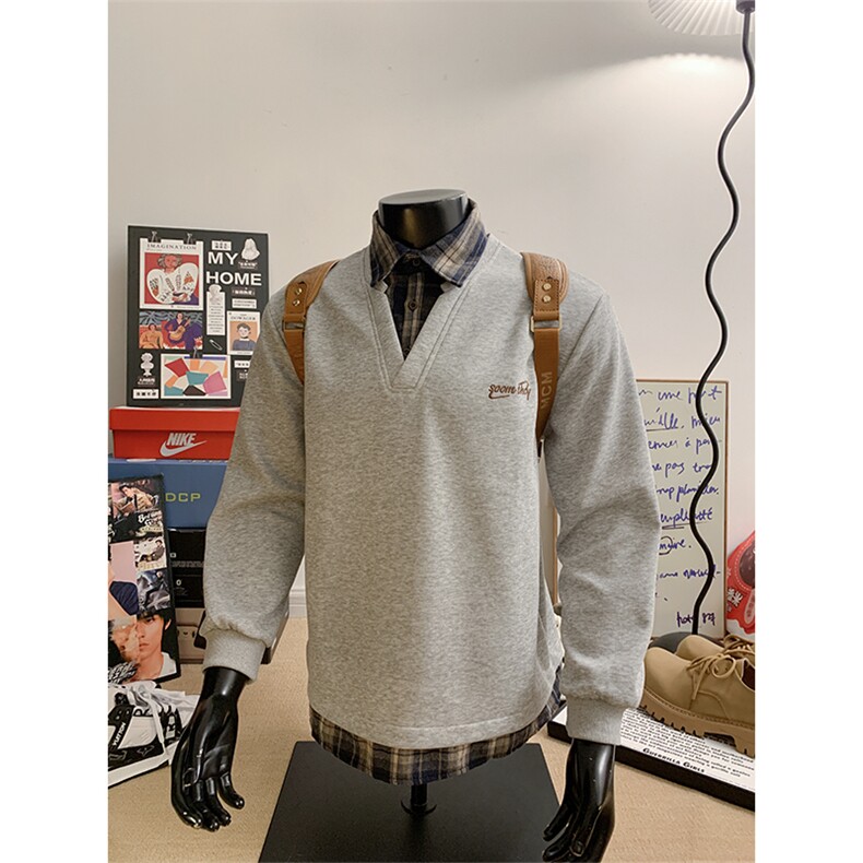 美式ins假两件衬衫领卫衣男学院风上衣外套WY3658-特P38加绒P40,男装衬衫,电商B295