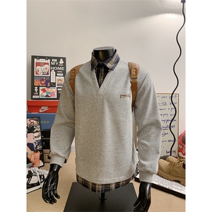 美式ins假两件衬衫领卫衣男学院风上衣外套WY3658-特P38加绒P40,加绒衬衫如何搭配外套图片