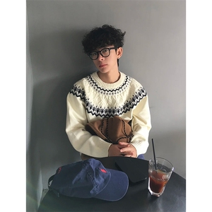 重磅秋冬装北极绒套头毛衣美式复古休闲慵懒风提花工艺针织衫外套图片