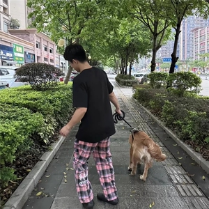美式慵懒风四季直筒百搭粉色格子裤男阔腿裤日常休闲裤XCK92图片