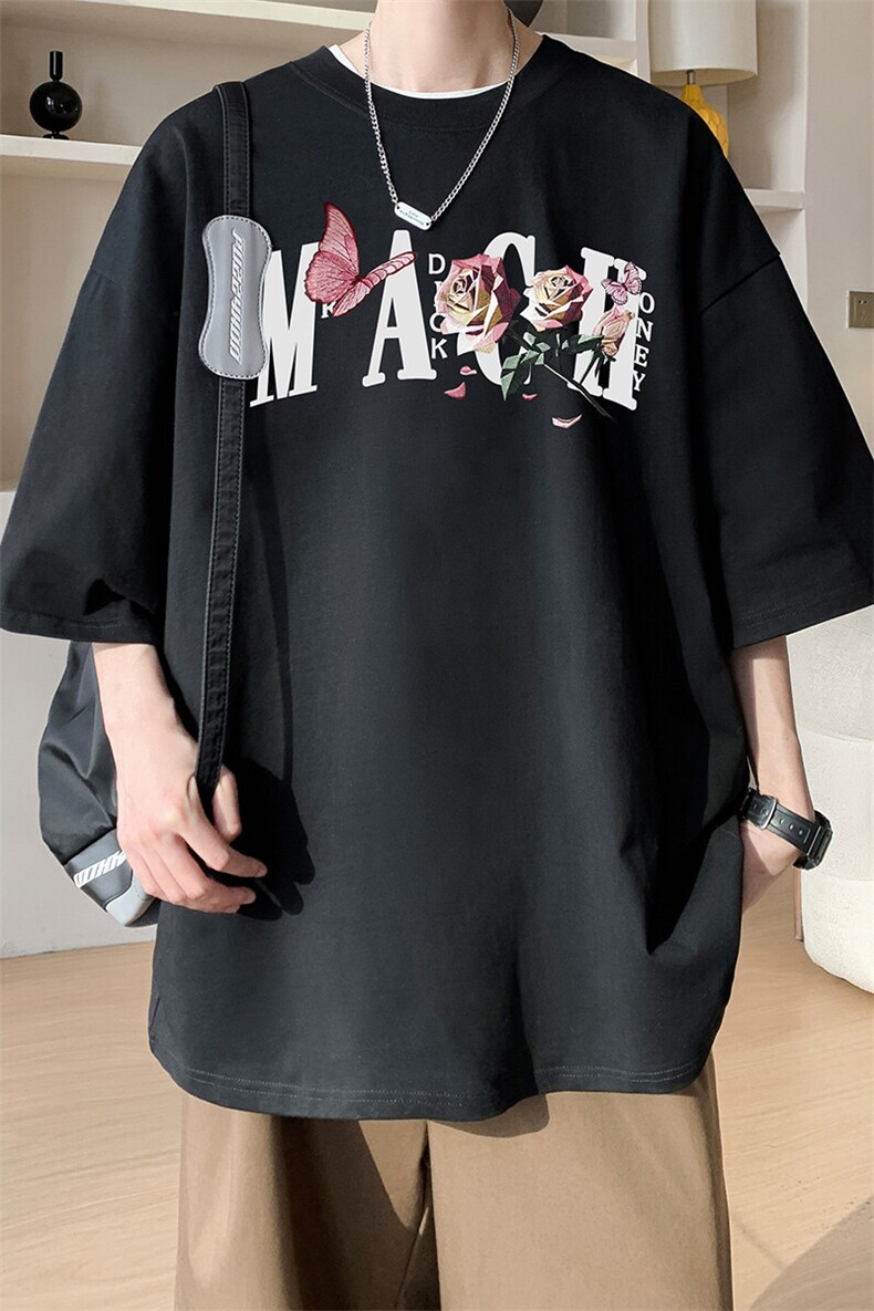 图案已注册夏季玫瑰蝴蝶印花短袖T恤男潮宽松半袖打底衫D035/P25,男装T恤,电商B209