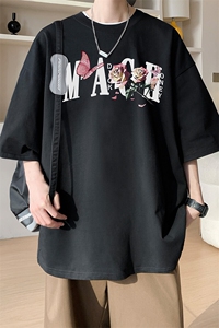 图案已注册夏季玫瑰蝴蝶印花短袖T恤男潮宽松半袖打底衫D035/P25图片