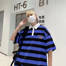 韩版polo衫男条纹帅气2023夏季新款ins宽松百搭日系衬衫W2778-P30，男装Polo衫，星座412-3