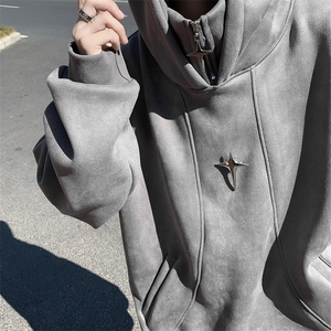 F48-P65 2024麂皮绒宽松休闲卫衣男春季美式潮牌半拉链连帽外套图片