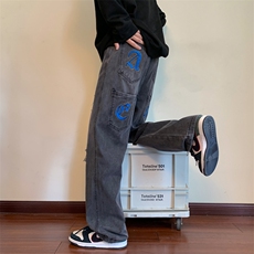 美式裤子阔腿裤设计感多口袋刺绣牛仔裤潮牌高街男XN808-P52，男装牛仔裤，星座1001-1