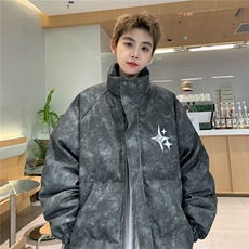 港风PU皮复古做旧可拆卸四芒星胸针设计棉衣男MY77721P128控168，男装棉衣，星座227-7