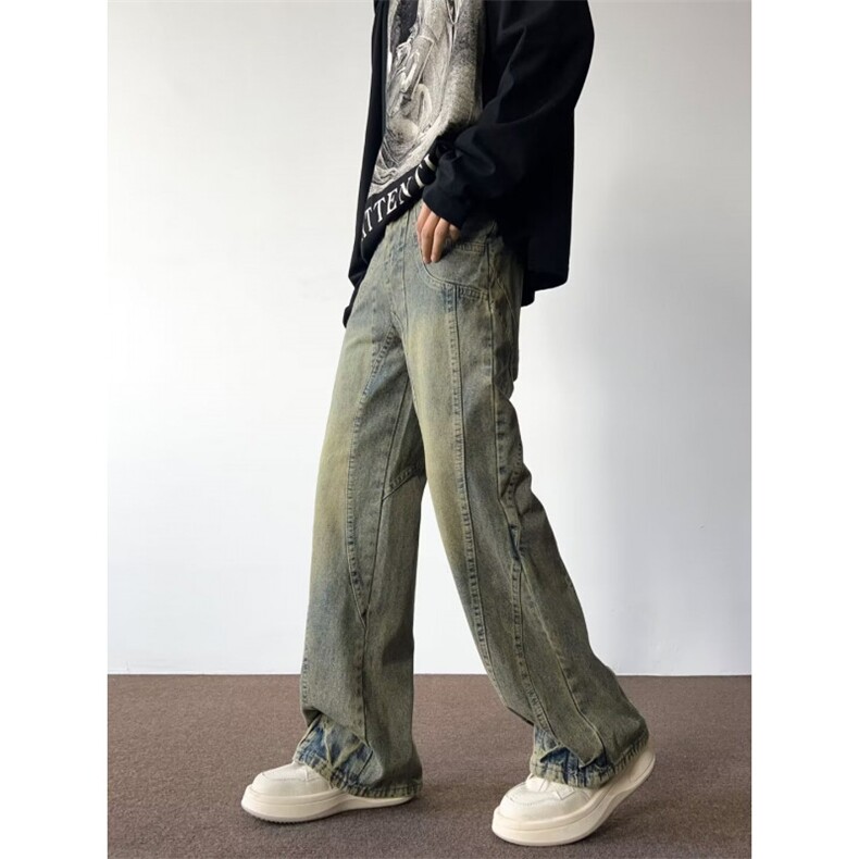 工装牛仔裤高街黄泥色拼接复古阔腿裤子1001-1-XN869-P50,男装牛仔裤,星座1001-1