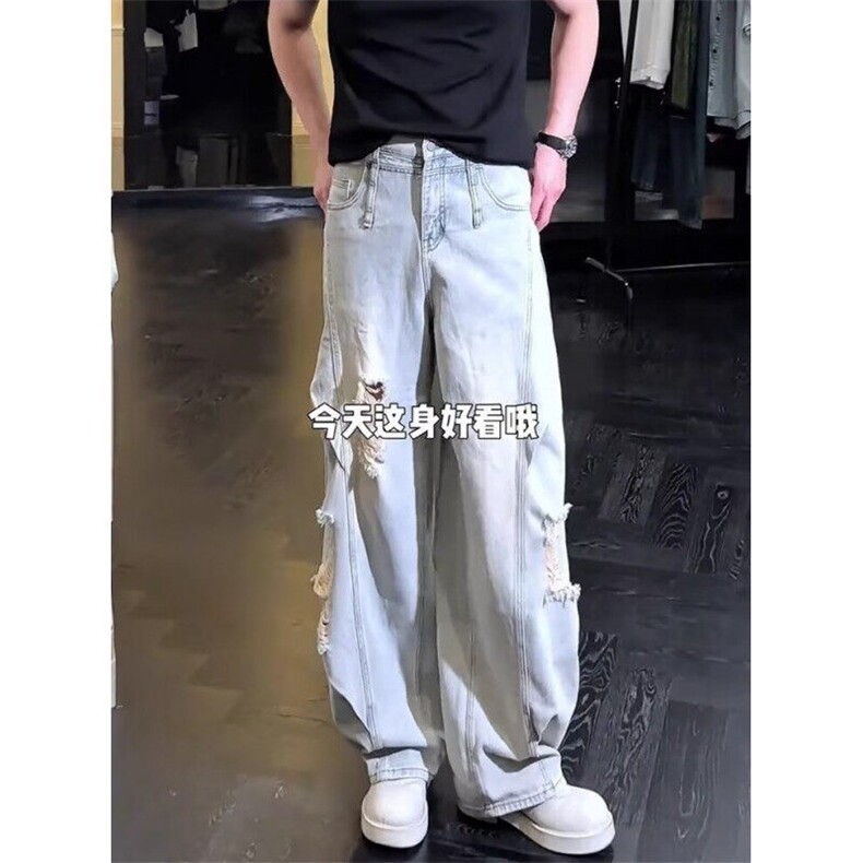 褶皱设计感做旧水洗破洞牛仔裤男女同款休闲弯刀长裤NA436,男装牛仔裤,星座1116A（原606A-3）