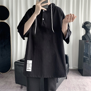 LD54045-P45 连帽短袖t恤男大码胖子带帽五分袖中袖图片