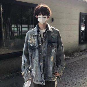 水洗涂鸦破洞牛仔外套男女春秋季潮牌高街设计感宽松做旧翻领夹克图片