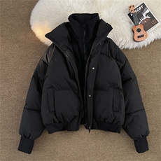 假两件立领短款棉服外套冬季加厚面包服保暖黑色棉衣W8054-P115，男装棉衣，星座512-4