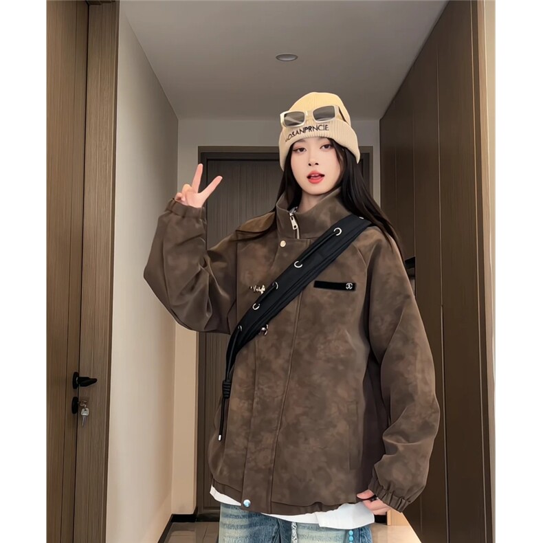 咖色扎染皮衣外套男款美拉德穿搭新中式夹克立领美式飞行员机车服,男装夹克,电商A028