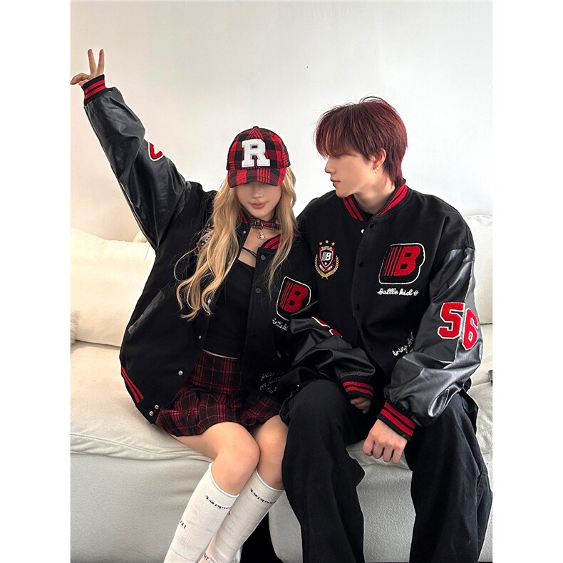 3989-P62潮新款刺绣徽章拼接撞色棒球服外套男女宽松美式,男装T恤,电商B323A