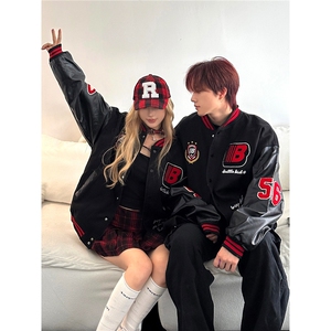 3989-P62 潮新款刺绣徽章拼接撞色棒球服外套男女宽松美式图片