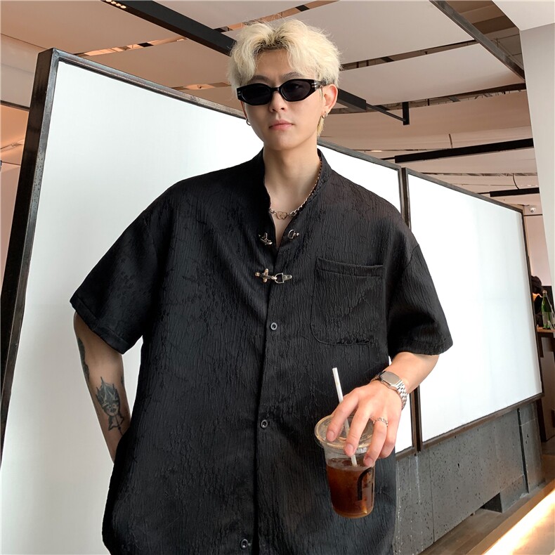 新中式高级感半袖男夏薄款短袖衬衫上衣潮牌痞帅炸街小众衬衣P48,男装衬衫,电商C307