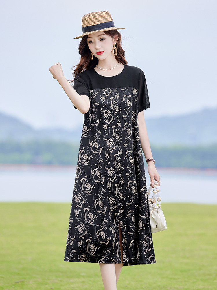 复古印花拼接连衣裙女2025夏新款时尚显瘦宽松休闲慵懒风T恤裙子,女装连衣裙,靓衣阁