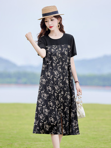 复古印花拼接连衣裙女2025夏新款时尚显瘦宽松休闲慵懒风T恤裙子图片